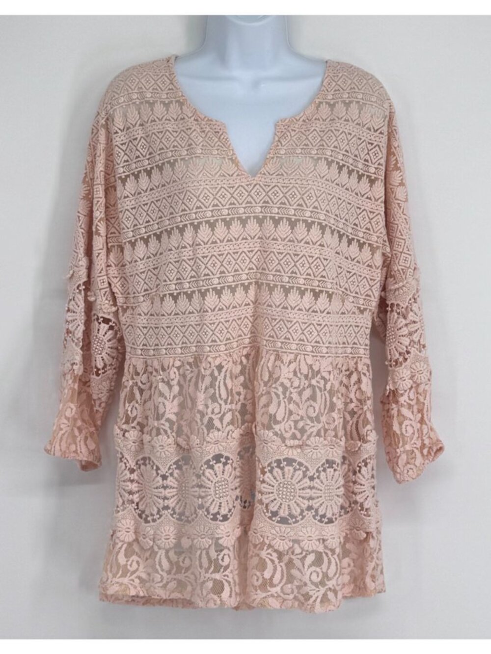 Sundance Lace Crochet Tunic Blouse M Pink Tiered Peasant Festival Western Mesh